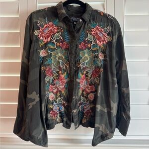 Johnny Was Camouflage Blouse with Floral Embroidery